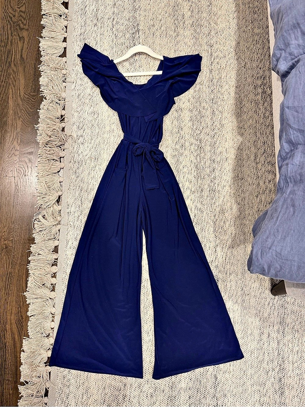 Un Deux Trois Girls Ruffle Wide Leg Jumpsuit, Navy Blue